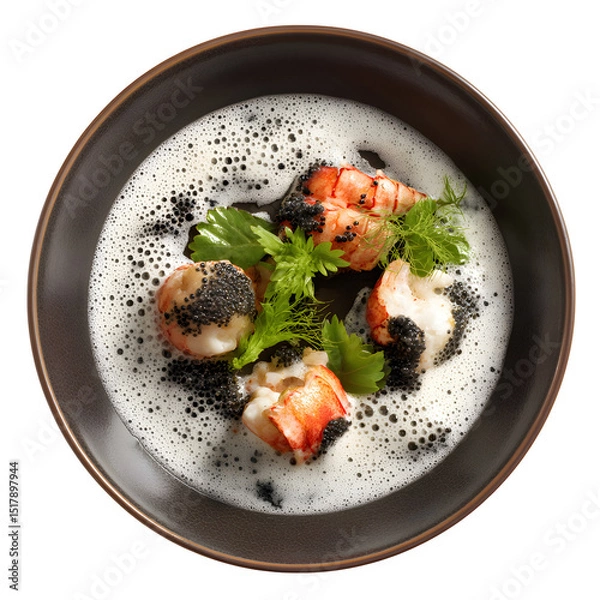 Fototapeta Butter-poached langoustine with cauliflower foam and squid ink dots on fine porcelain plate, isolated on white background