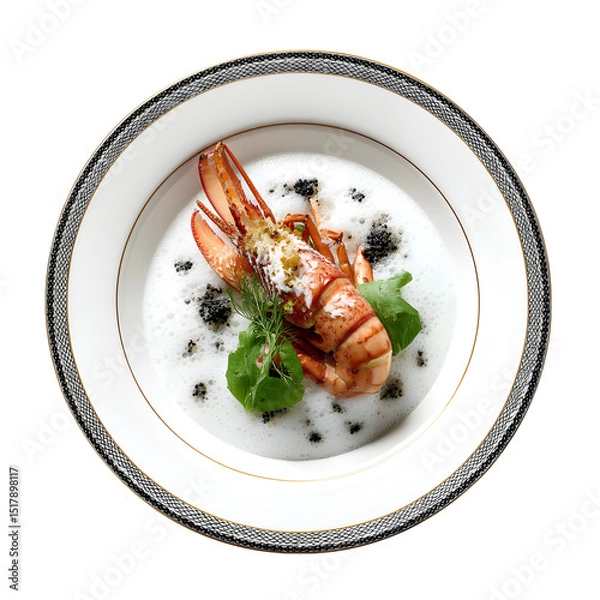 Fototapeta Butter-poached langoustine with cauliflower foam and squid ink dots on fine porcelain plate, isolated on white background
