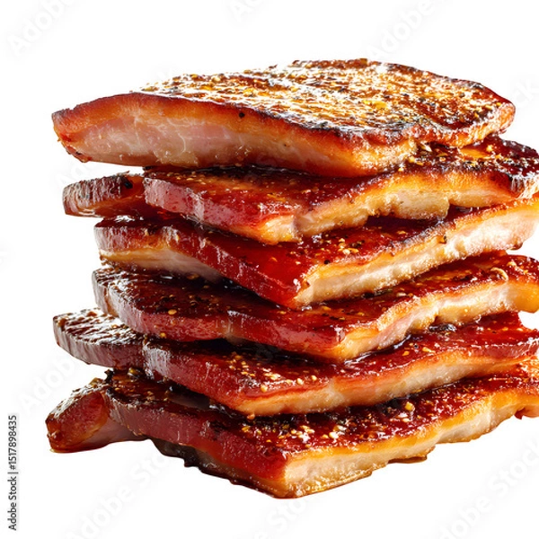 Fototapeta Canadian back bacon with maple syrup glaze, stacked neatly, golden sear marks, highly detailed, white background