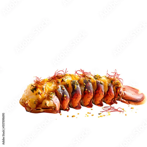 Fototapeta Charcoal-grilled lobster tail with saffron butter glaze and chili threads, steam rising effect, isolated on white background