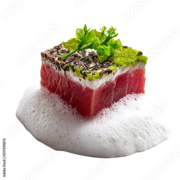 Fototapeta Charcoal-torched tuna sashimi square with wasabi snow and soy foam bubble, high-detail seafood cuisine, isolated on white background