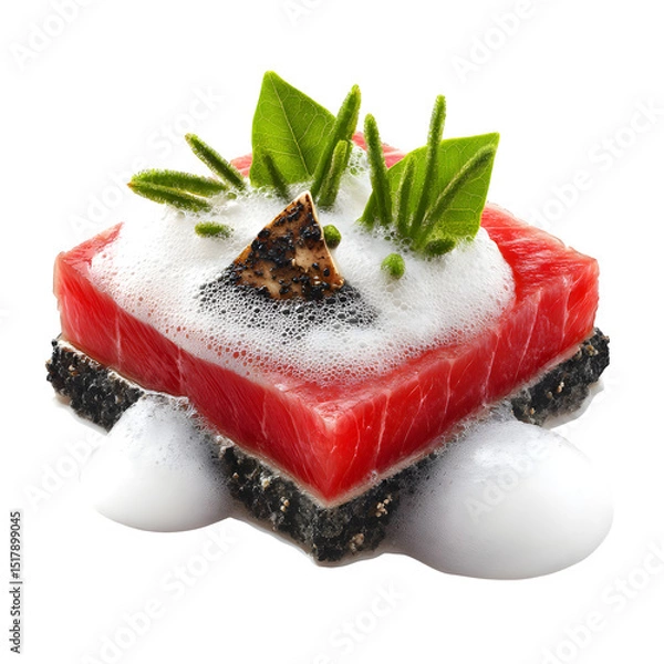 Fototapeta Charcoal-torched tuna sashimi square with wasabi snow and soy foam bubble, high-detail seafood cuisine, isolated on white background