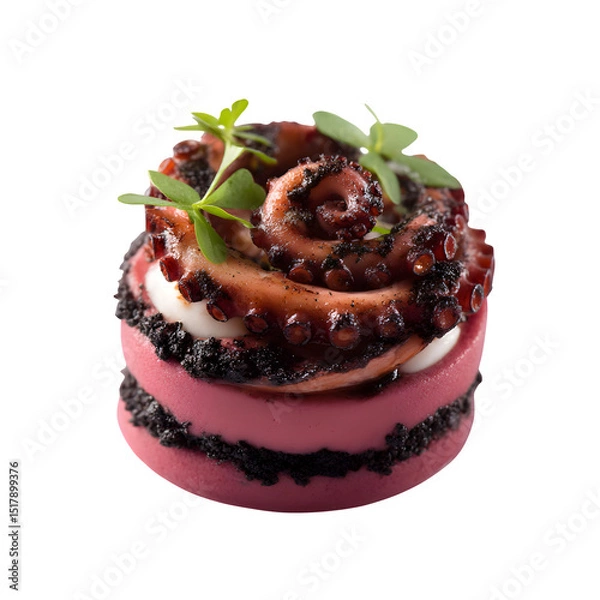 Fototapeta Charred octopus ring layered with beetroot foam and fig reduction spiral, plated in fine dining presentation, isolated on white background