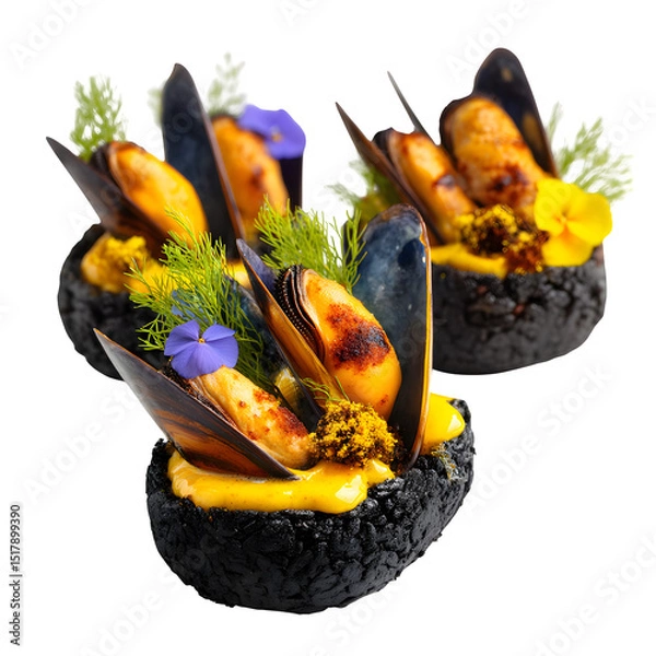 Fototapeta Char-grilled mussels in black rice cone with saffron mist garnish, modernist seafood treat, isolated on white background
