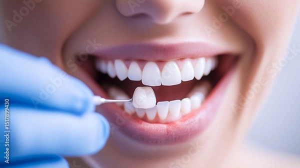 Fototapeta Close up of woman getting shade of teeth selected by dental professional for pressed ceramic veneers treatment for smile makeover. Process of improving dental aesthetics and health