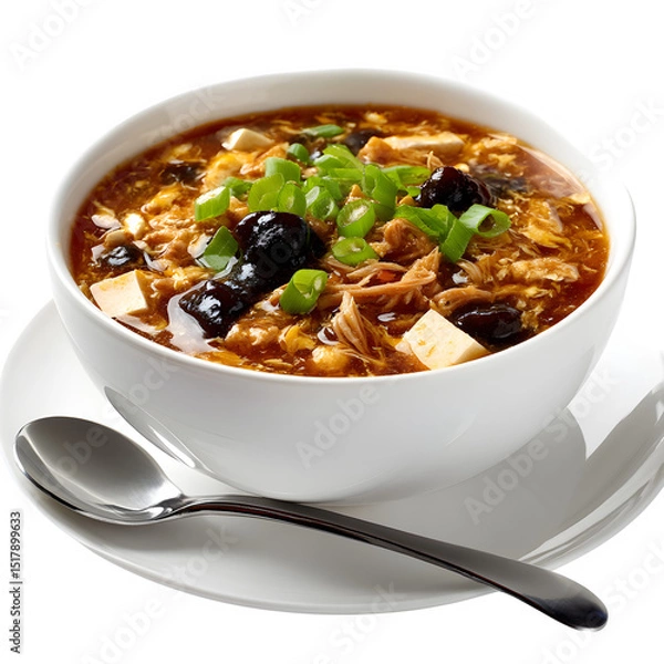 Fototapeta Chinese hot and sour soup with shredded pork, tofu, black fungus, garnished with green onions, isolated on white