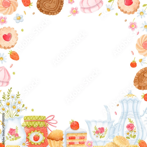 Obraz Watercolor square frame with tea pot, cup, jam jar, chamomile bouquet, cookies, marshmallow, strawberries, and flowers. Greeting card.