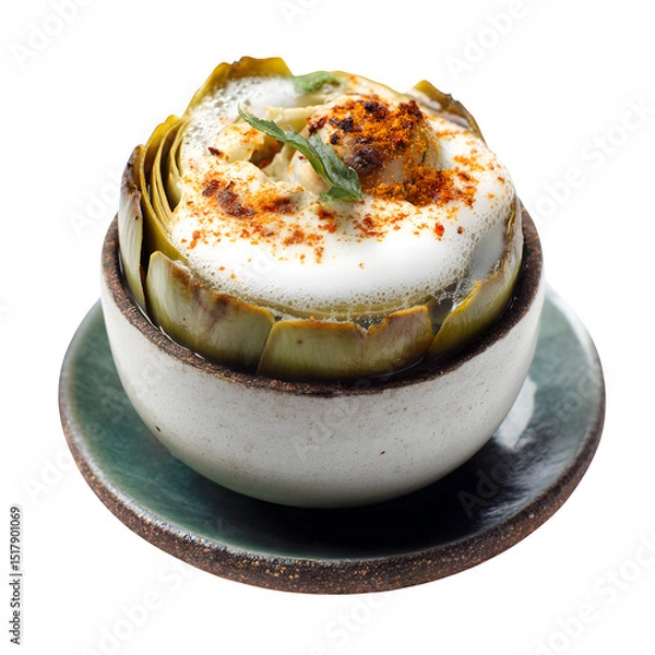 Fototapeta Clam-stuffed artichoke cup with burnt lemon foam and paprika dusting, rustic-meets-modern dish, isolated on white background