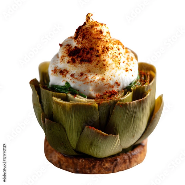 Fototapeta Clam-stuffed artichoke cup with burnt lemon foam and paprika dusting, rustic-meets-modern dish, isolated on white background