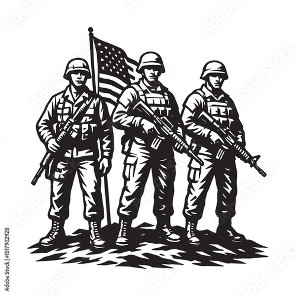 Obraz American Soldiers Standing with Flag – Patriotic Military Vector Illustration