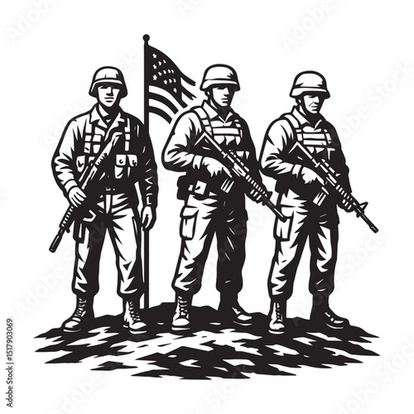 Obraz American Soldiers Standing with Flag – Patriotic Military Vector Illustration