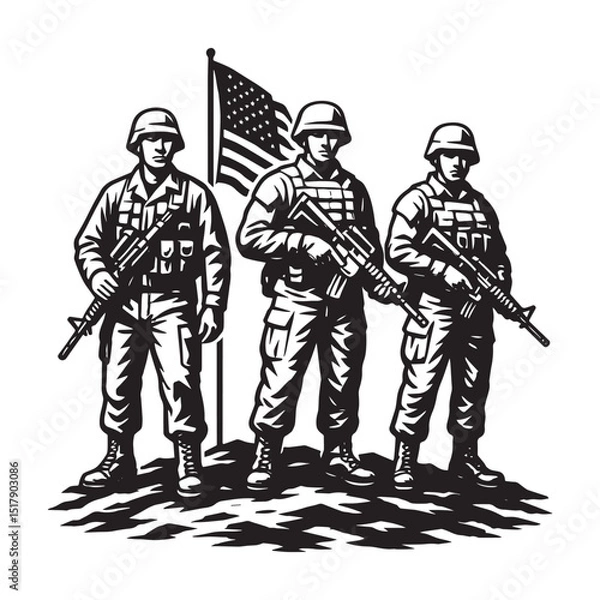 Obraz American Soldiers Standing with Flag – Patriotic Military Vector Illustration