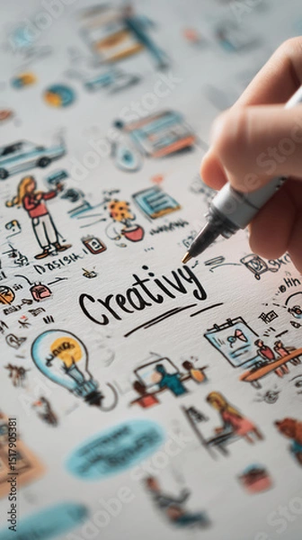 Fototapeta Close-up of hand drawing "Creativity" surrounded by various doodles, showcasing brainstorming and ideation process, symbolizing imagination, innovation, and creative thinking