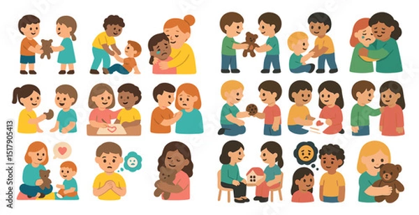 Obraz Diverse children demonstrating kindness and friendship in various scenes