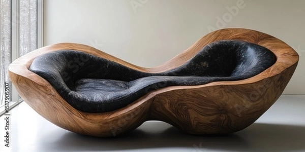 Obraz Unique Wooden Lounge Chair with Dark Leather Cushioning in a Minimalist Interior