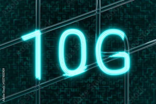 Obraz Glowing 10G inscription. Visualization of high-speed data transmission over a 10G network. Luminous lines move along optical fibers. 3d illustration.