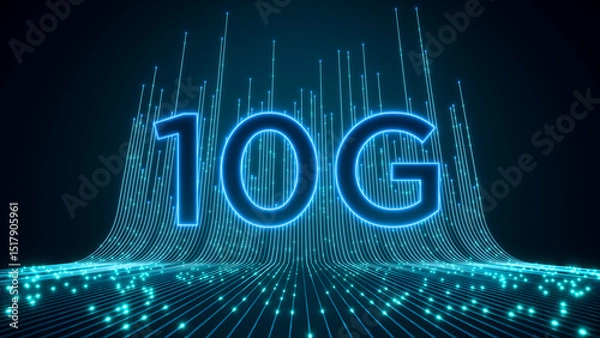 Obraz Glowing 10G inscription. Abstract visualization of high-speed data transmission over a 10G network. Luminous particles move along optical fibers. 3d illustration.