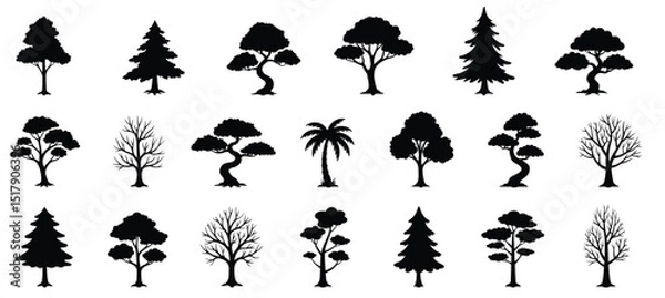 Fototapeta Black vector silhouettes of diverse trees, including oak, pine, birch, and palm, forming a natural forest collection perfect for floral design patterns
