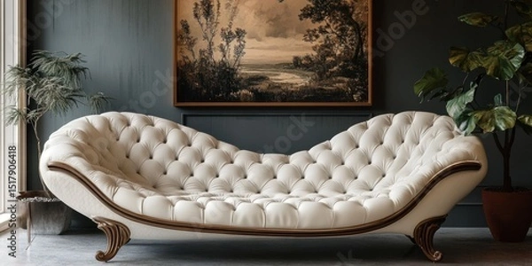 Obraz Elegant Cream Leather Chaise Lounge with Tufted Design in a Sophisticated Interior