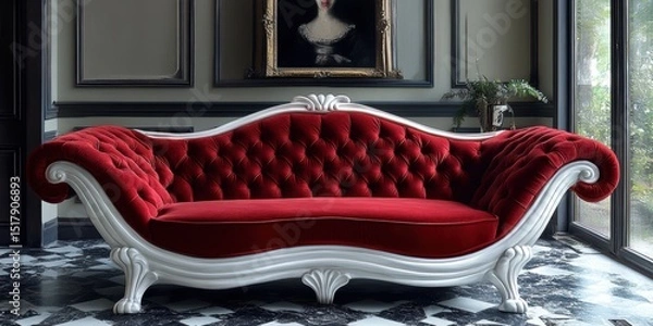 Obraz Luxurious Red Velvet Chaise Lounge with Elegant White Frame in Ornate Room