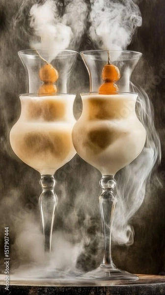 Obraz Two Glass Cocktails with Spherical Garnish and Rising Smoke Effects