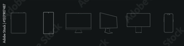 Fototapeta Outline Modern Realistic Computer Monitor, Tablet, Smartphone Vector Illustration on black background