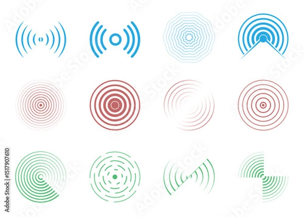 Fototapeta Sonar sound waves icon set. Concentric circle sign wifi, radial line media, Radio, radar station signal. Scan, rings circle ripples