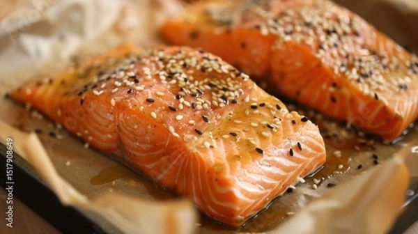 Obraz Delicious baked salmon fillets with sesame seeds and marinade in oven tray
