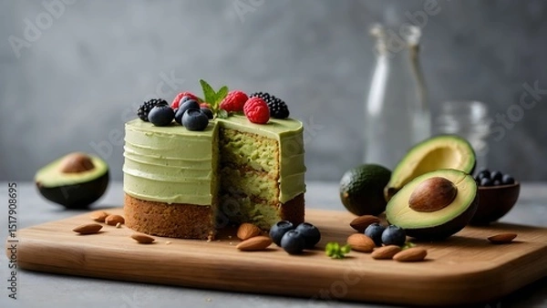 Obraz Delicious avocado cake served with fresh berries and almonds on a wooden board in a bright kitchen setting during the afternoon Generative AI