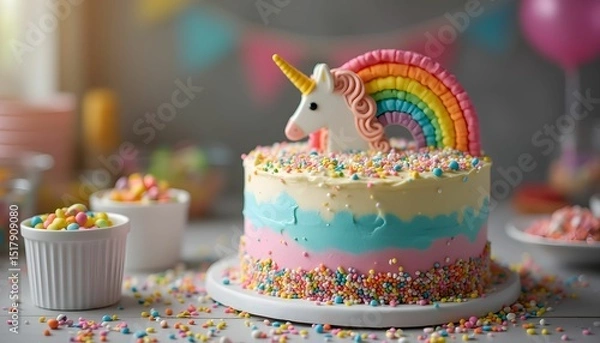 Obraz Colorful unicorn cake decorated with sprinkles and rainbow candy at a birthday party celebration Generative AI
