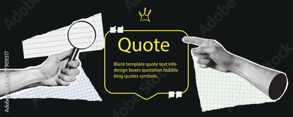 Fototapeta Retro collage with hands and quote frame. Halftone hand holds magnifying glass and points at quote