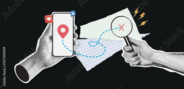 Fototapeta Retro collage with hands and map. Halftone hand holds smartphone