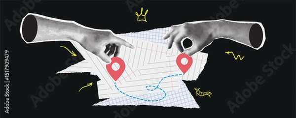 Fototapeta Retro collage with hands and map. Halftone hand holds two map points