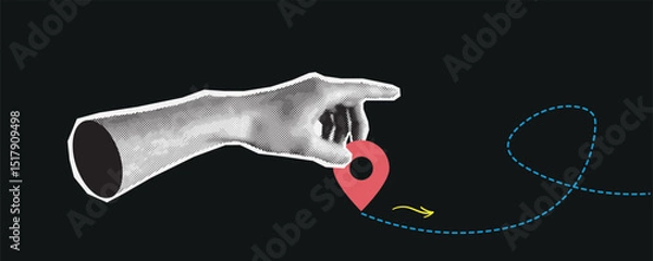 Fototapeta Retro collage with hands. Halftone hand holds map point