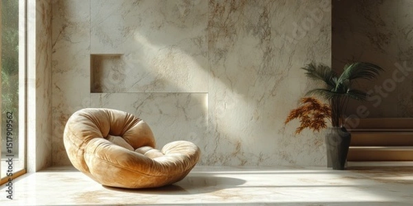 Obraz Curved Couch and Indoor Plants in a Light-Filled Room with Stone Wall Texture