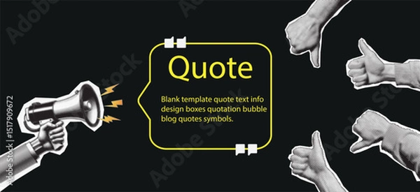 Fototapeta Retro collage with hands and quote frame. Halftone hand holds magnifying glass and speaker
