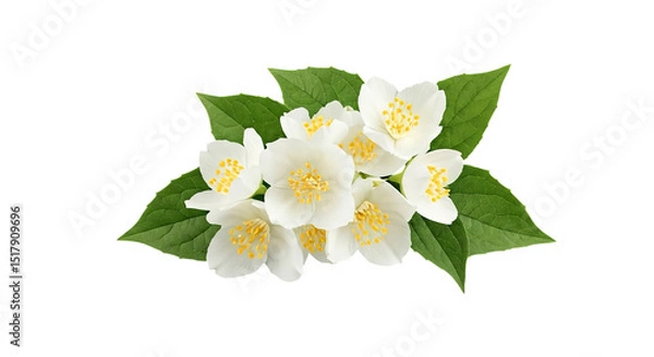 Fototapeta A cluster of white jasmine flowers with yellow centers surrounded by green leaves on black background