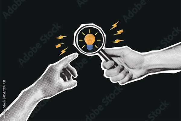 Fototapeta Retro collage with hands and magnifying glass. Halftone hand holds magnifying glass. Concept of new idea