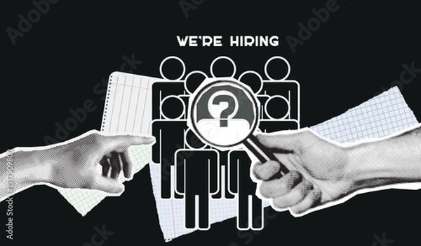 Fototapeta Retro collage with hands and magnifying glass. Spy Game concept. Searching for spy of imposter