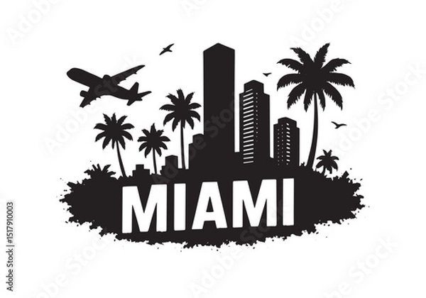 Obraz Miami City Skyline with Palm Trees and Airplane – Urban Travel Vector Silhouette