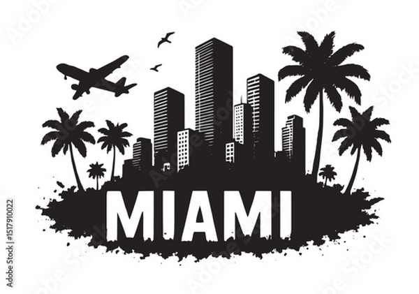Obraz Miami City Skyline with Palm Trees and Airplane – Urban Travel Vector Silhouette