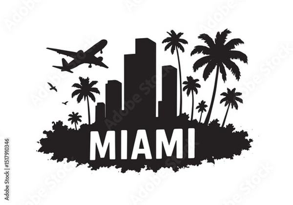 Obraz Miami City Skyline with Palm Trees and Airplane – Urban Travel Vector Silhouette