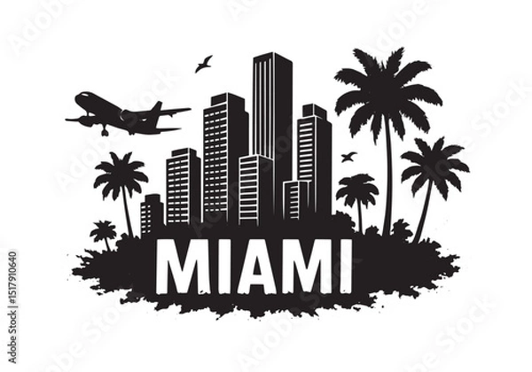 Obraz Miami City Skyline with Palm Trees and Airplane – Urban Travel Vector Silhouette