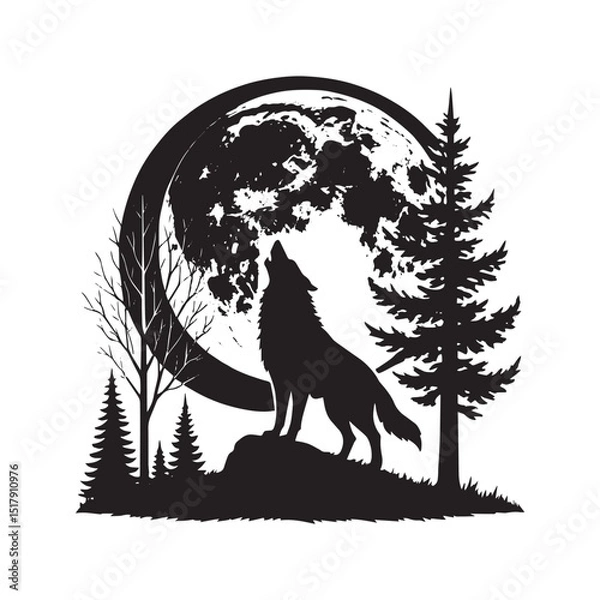 Obraz Howling Wolf Silhouette with Full Moon and Pine Trees – Wilderness Wildlife Vector Art