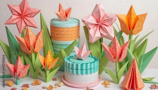 Fototapeta Colorful paper flowers and layered cake create a festive atmosphere for a spring celebration in a bright and cheerful setting Generative AI