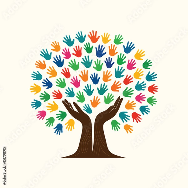 Obraz Diversity Tree Made of Colorful Handprints – Unity and Community Concept Vector