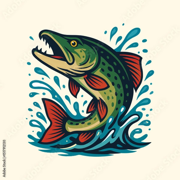Obraz Colorful Jumping Pike Fish Vector – Aggressive Freshwater Predator Illustration with Splash
