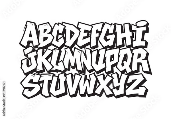 Obraz Street art font Urban graffiti alphabet edgy and modern hand drawn typography outlined capital letters with 3D shadow for hip hop street culture inspired lettering design vector set
