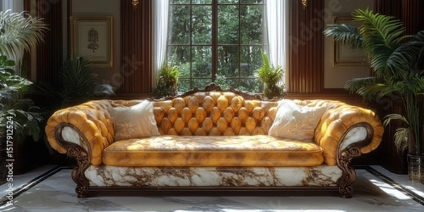 Obraz Tufted Leather Couch with Cushions in an Elegant Room with Window View