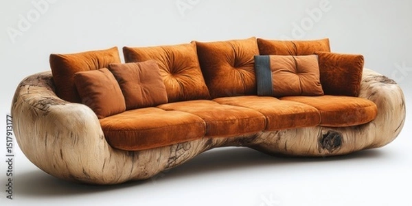 Obraz Modern Orange Couch with Pillows and a Wooden Base on a White Background